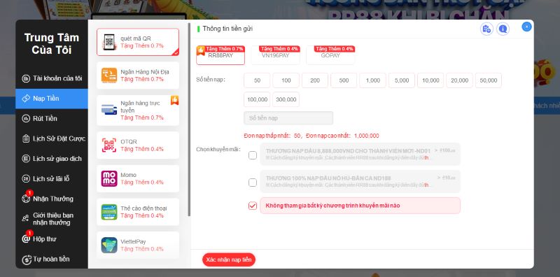 Các phương thức nạp tiền RR88 đa dạng